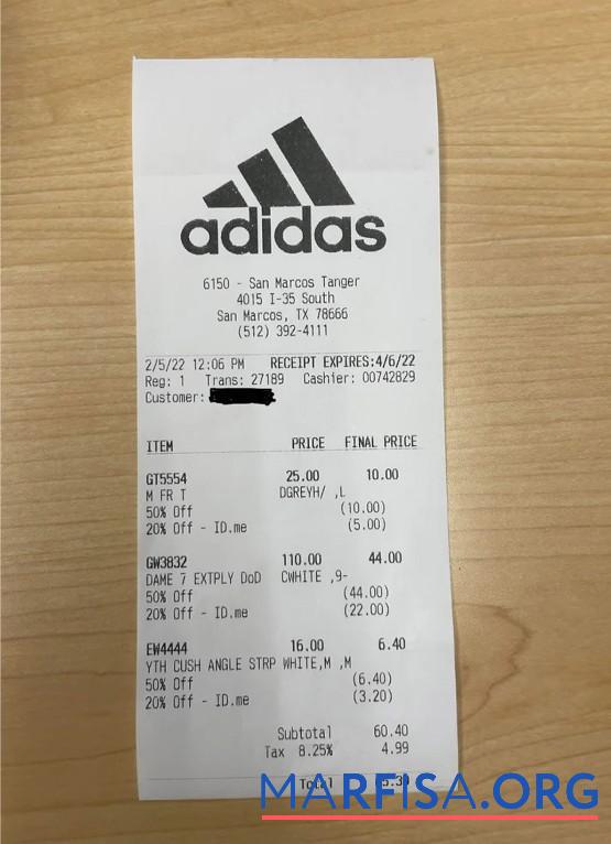 Printable USA Adidas payment receipt download for verification